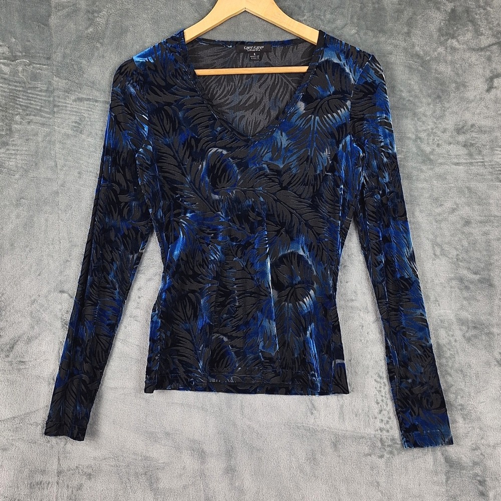 Karen Kane Top Small Blue Velvet Burnout Floral Whimsigoth Witchy Fairy Grunge